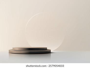 Minimalist beige podium scene with muted earth tones, a slender transparent circle, and soft shadows. Perfect for luxury product displays, mockups, branding, and serene showroom designs