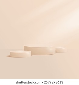 Minimalist beige podium with soft light.Elegant showcase pedestal for product presentation.3D podium in soft beige tones . Elegant vector illustration for branding, cosmetics, advertising