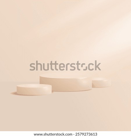 Minimalist beige podium with soft light.Elegant showcase pedestal for product presentation.3D podium in soft beige tones . Elegant vector illustration for branding, cosmetics, advertising