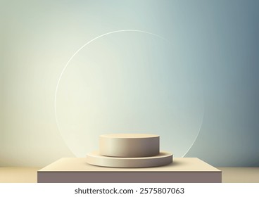 Minimalist beige podium with two cylindrical tiers sits against a serene blue gradient backdrop, framed by a large transparent circle, perfect for modern product display, mockup, and showroom