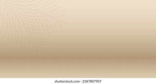 Minimalist beige studio background with soft, diffused lighting and palm shadow. Clean, neutral room with simple, smooth wall and floor. For product photography or showcasing design. Vector bg