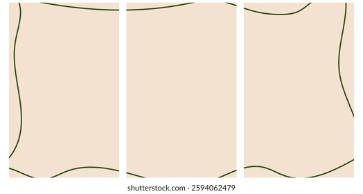 Minimalist beige triptych background with dark green wavy lines. Abstract geometric design template for posters, prints, and interior decor