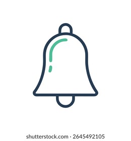 A minimalist bell icon with line art in a flat design style. The color scheme is teal and dark blue on black.