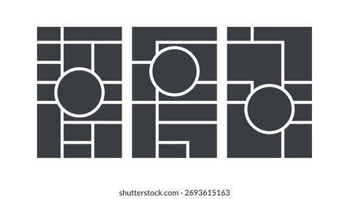 Diseño minimalista de cuadrícula de estilo bento con Formas negras llamativas y paneles geométricos. Ideal para Diseño web moderno, publicaciones en redes sociales, collages de fotos y Plantillas de interfaz de usuario. Perfecto para infografía moderna.