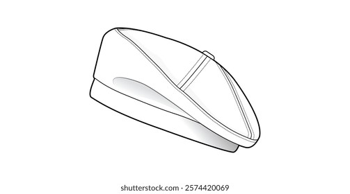 Minimalist Beret Hat Technical Fashion Illustration. Modern Flat-Crown Hat Vector Template. Side View. Streamlined Design. Comfortable Fit. CAD mockup.