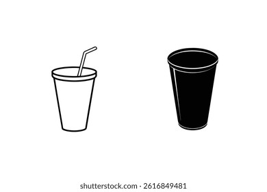 Minimalist Beverage Cup Illustration Depicting Liquid Container In Outlined Style And Solid Silhouette
