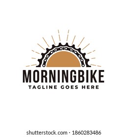 Minimalist Bicycle, Bike, Bike Shop, Bike Club Logo Icon Vector Illustration With Gear. Chains, And Morning Sunrise Concept.