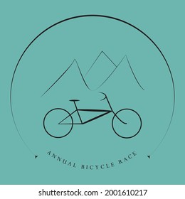 Minimalist bicycle race competition logo with simple illustration. Bike club icon with circular shape, mountains, and text at the bottom. 