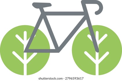 Minimalist bicycle silhouette featuring leaf-shaped wheels symbolizing eco-friendly transport, sustainability, and green living. Clean scalable EPS vector illustration ideal for environmental awareness, sustainable mobility, urban cycling, climate-friendly lifestyle, and modern eco design projects. Isolated transparent PNG style artwork with simple, elegant visual form.