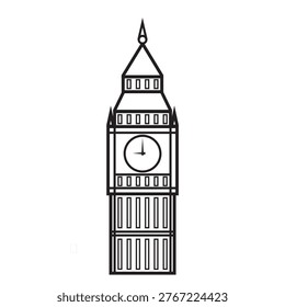 Minimalist Big Ben icon with clean lines, representing London landmark, travel, and British culture