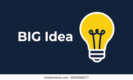 Minimalist big idea concept featuring glowing yellow light bulb graphic on dark blue background vector flat design illustration