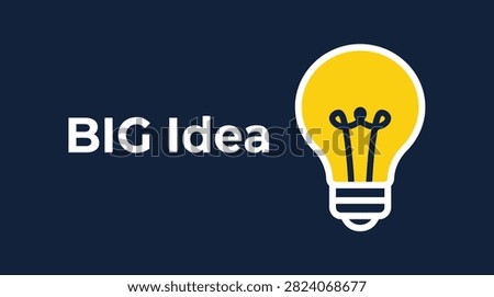 Minimalist big idea concept featuring glowing yellow light bulb graphic on dark blue background vector flat design illustration