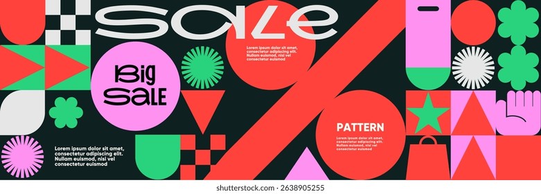 Minimalist big sale background with large percentage symbol, playful text, and modern icons in red, pink, and green geometric vector style.