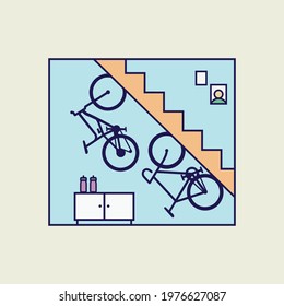 Minimalist Bike Storage. Bicycles Hanging On The Wall In The Minimalist Room Vector Illustration