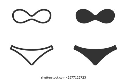 Minimalist bikini icon with top and bottom variations in black.