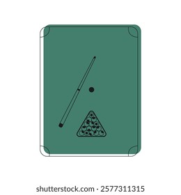 Minimalist billiard table vector illustration with cue, balls and triangle rack. Sports-related design, bar, pub, game room, billiards-themed content.