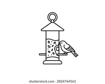 Minimalist bird feeder line art icon with perched bird and seeds illustration