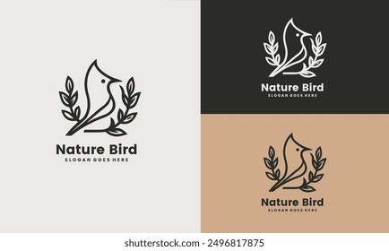 Minimalist bird logo design. inspiration bird and leaf nature logo concept.