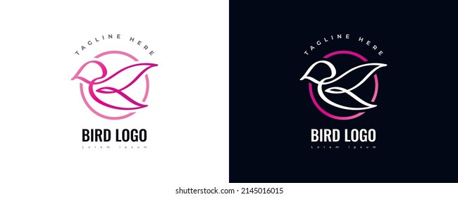 Logotipo de pájaro minimalista en degradado rosado. Ilustración del logotipo de aves simples y limpias