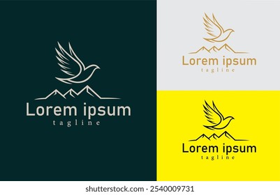 Símbolo Moderno Minimalista de Logotipo de Ave e Montanha para Marca de Natureza, Viagem ou Aventura