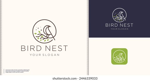 minimalist bird nest logo design. inspiration bird and nest leaf nature with circle frame line concept.