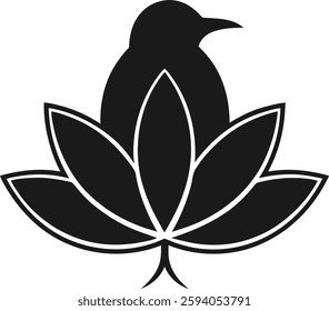 Minimalist Bird on Lotus Vector, Black Silhouette, High-Quality Zen Design for Nature Illustrations