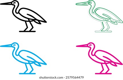 Minimalist bird outlines, colorful heron silhouettes, simple line art, neon colors, black white and vibrant, graphic design style, vector illustration, pop art influence, stylized wading birds, clean 