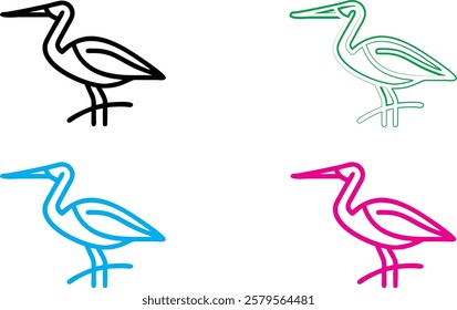 Minimalist bird outlines, colorful heron silhouettes, simple line art, neon colors, black white and vibrant, graphic design style, vector illustration, pop art influence, stylized wading birds, clean 