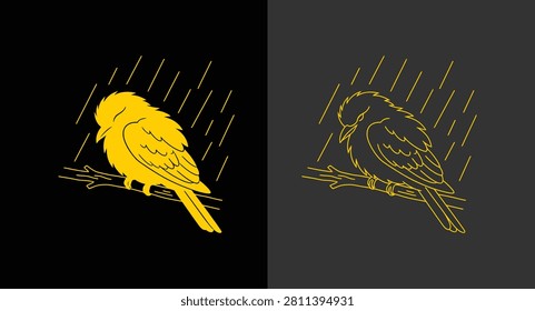 Minimalist bird perched on a branch during rainstorm icon with wildlife