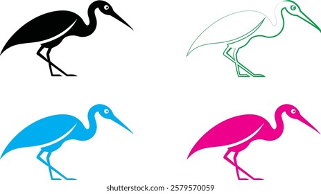 Minimalist bird silhouettes, colorful stork outlines, graphic design style, flat vector art, black green blue pink colors, simple elegant bird shapes, stylized long-legged wading birds, clean lines, w