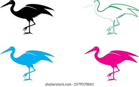 Minimalist bird silhouettes, colorful stork outlines, graphic design style, flat vector art, black green blue pink colors, simple elegant bird shapes, stylized long-legged wading birds, clean lines, w