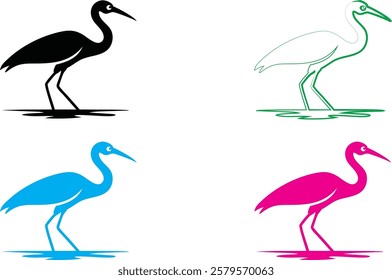 Minimalist bird silhouettes, colorful stork outlines, graphic design style, flat vector art, black green blue pink colors, simple elegant bird shapes, stylized long-legged wading birds, clean lines, w