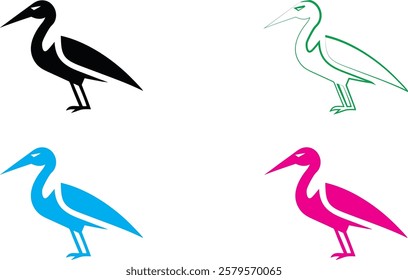 Minimalist bird silhouettes, colorful stork outlines, graphic design style, flat vector art, black green blue pink colors, simple elegant bird shapes, stylized long-legged wading birds, clean lines, w