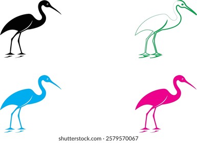 Minimalist bird silhouettes, colorful stork outlines, graphic design style, flat vector art, black green blue pink colors, simple elegant bird shapes, stylized long-legged wading birds, clean lines, w