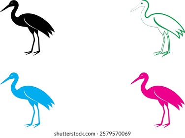 Minimalist bird silhouettes, colorful stork outlines, graphic design style, flat vector art, black green blue pink colors, simple elegant bird shapes, stylized long-legged wading birds, clean lines, w