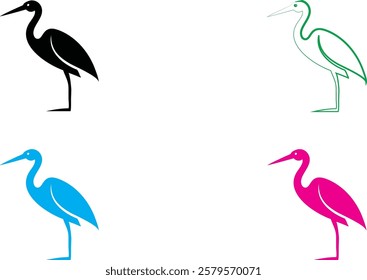 Minimalist bird silhouettes, colorful stork outlines, graphic design style, flat vector art, black green blue pink colors, simple elegant bird shapes, stylized long-legged wading birds, clean lines, w