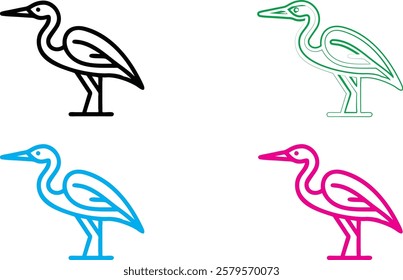 Minimalist bird silhouettes, colorful stork outlines, graphic design style, flat vector art, black green blue pink colors, simple elegant bird shapes, stylized long-legged wading birds, clean lines, w