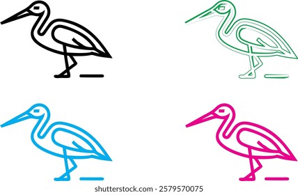 Minimalist bird silhouettes, colorful stork outlines, graphic design style, flat vector art, black green blue pink colors, simple elegant bird shapes, stylized long-legged wading birds, clean lines, w