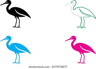 Minimalist bird silhouettes, colorful stork outlines, graphic design style, flat vector art, black green blue pink colors, simple elegant bird shapes, stylized long-legged wading birds, clean lines, w