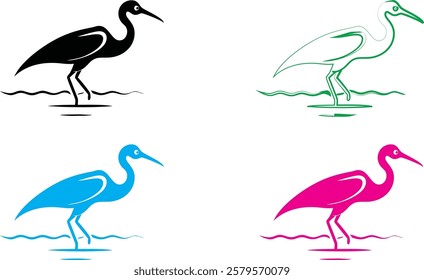 Minimalist bird silhouettes, colorful stork outlines, graphic design style, flat vector art, black green blue pink colors, simple elegant bird shapes, stylized long-legged wading birds, clean lines, w