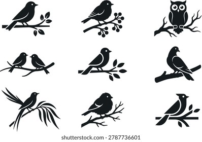 Minimalist bird silhouettes perched on branches with leaves berries and natural elements for creative floral patterns.