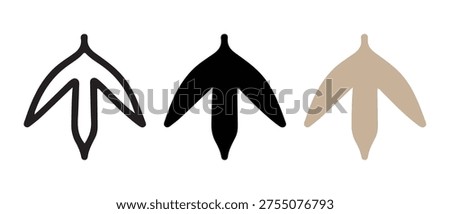 Minimalist Bird Track Icon Set. Outline, Solid Black, and Beige Footprint Symbols on White Background.