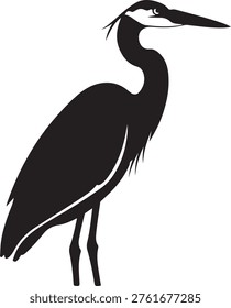 Minimalist bird vector graphic, elegant crane posture, wetland wildlife silhouette, standing heron profile isolated