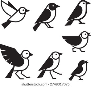 Minimalist Bird Vector Icon Set - Black and White Geometric Bird Logo Elements and Silhouettes