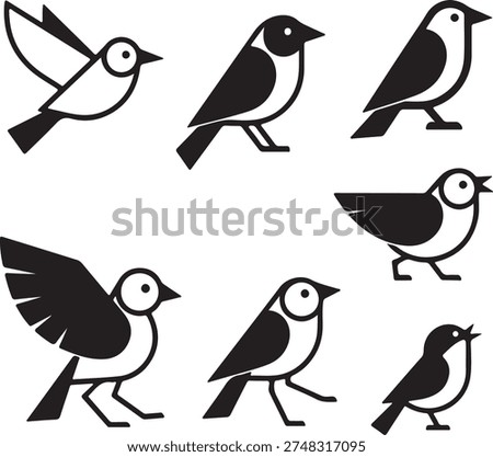 Minimalist Bird Vector Icon Set - Black and White Geometric Bird Logo Elements and Silhouettes