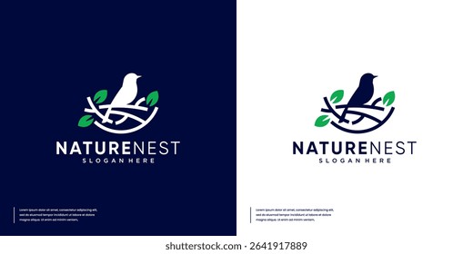 minimalist bird's nest, line art style with silhouette combination, symbol of comfort, nature, vector design template.