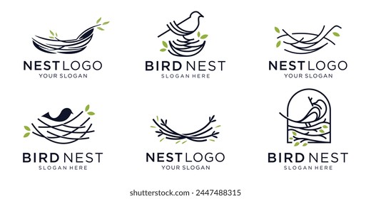 minimalist of bird's nest logo design collection. bird nest with simple roots and leaves vector illustration.