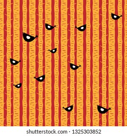 Minimalist birds on an orange and red repeat pattern tree design