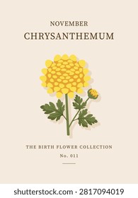 Minimalist birth flower poster showcasing a bright yellow November chrysanthemum.