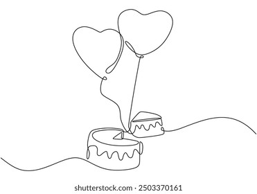 Minimalist birthday card banner with balloons and cake. Simple one line illustration for celebrations.